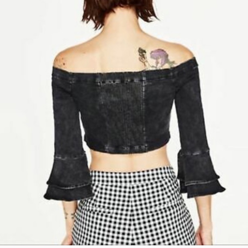 Zara Black Off Shoulder Denim Bell Sleeve Crop